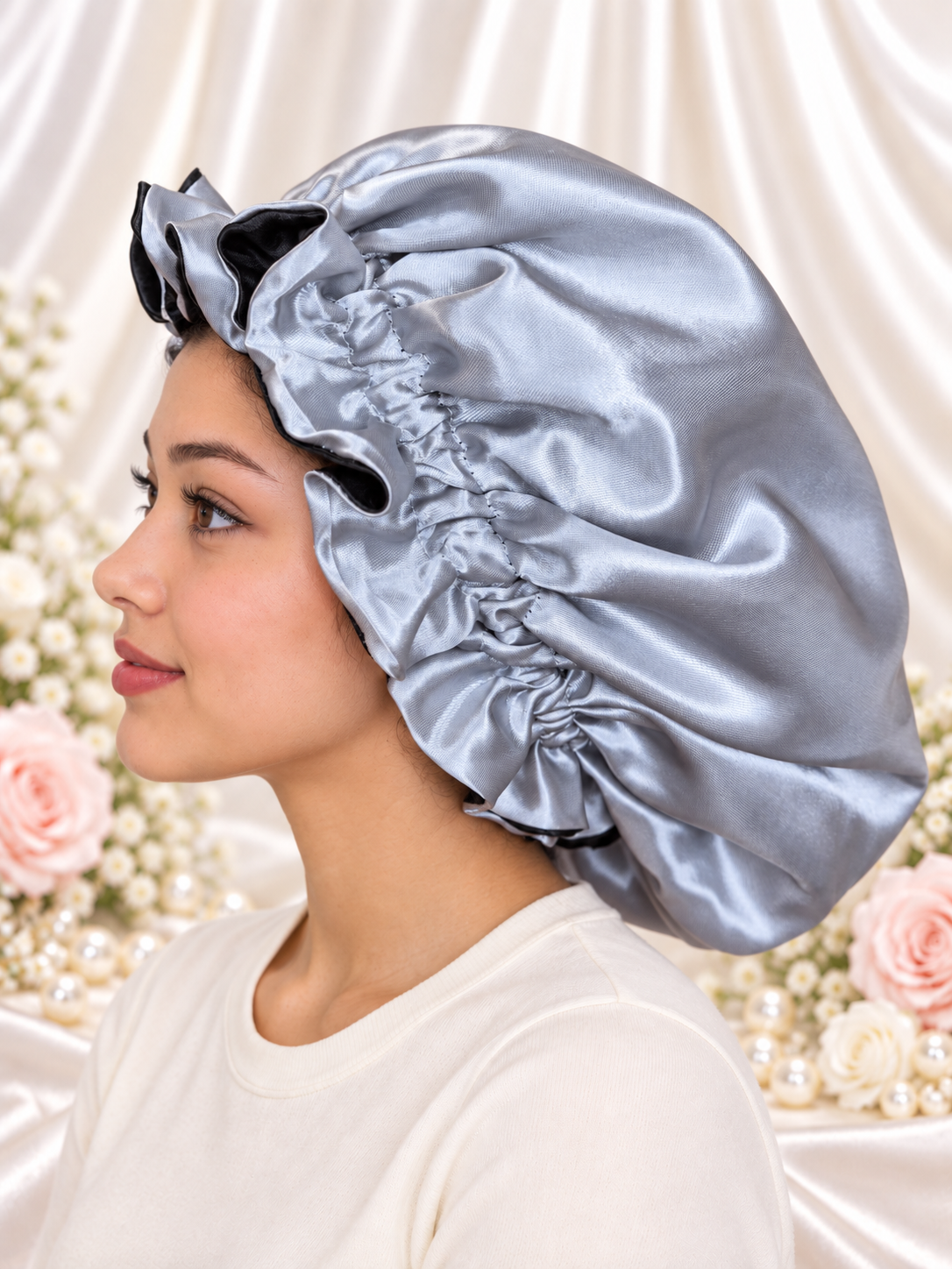 Silver Gray & Black Reversible Satin Bonnet