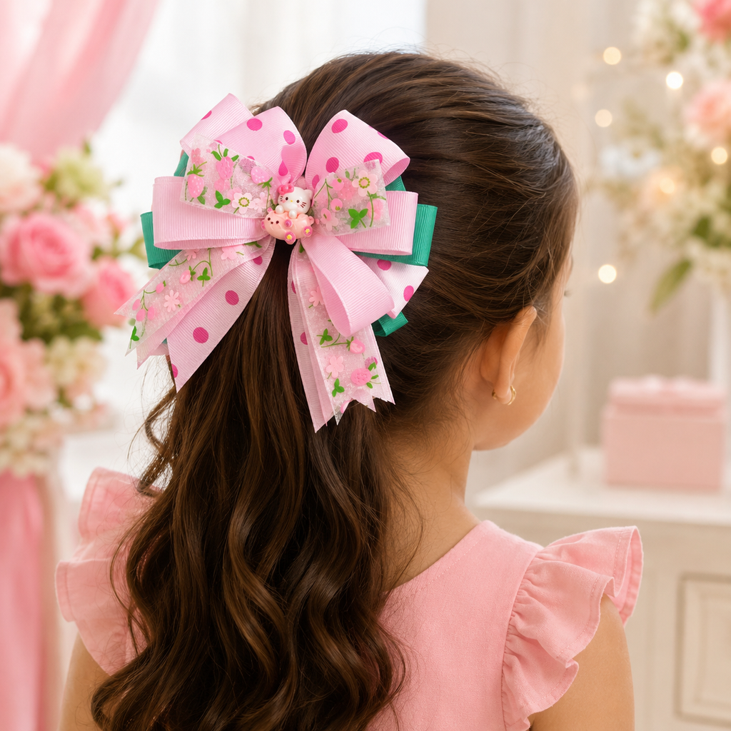 Pink Floral Bow for Girls | Handmade Hair Bow