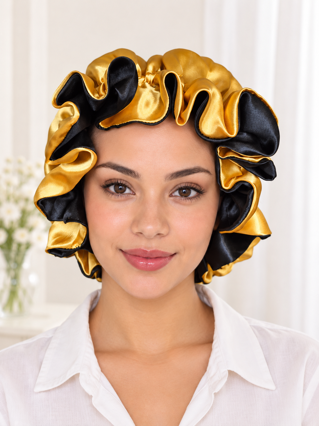 Black & Gold Reversible Satin Bonnet – Handmade with Ruffled Edge