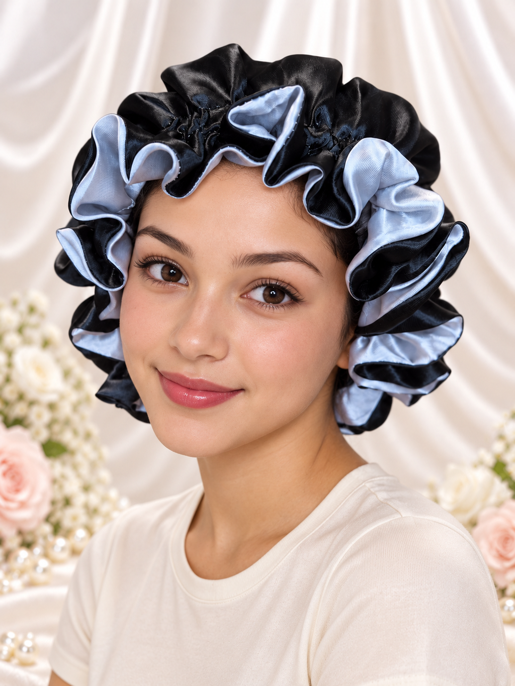 Silver Gray & Black Reversible Satin Bonnet