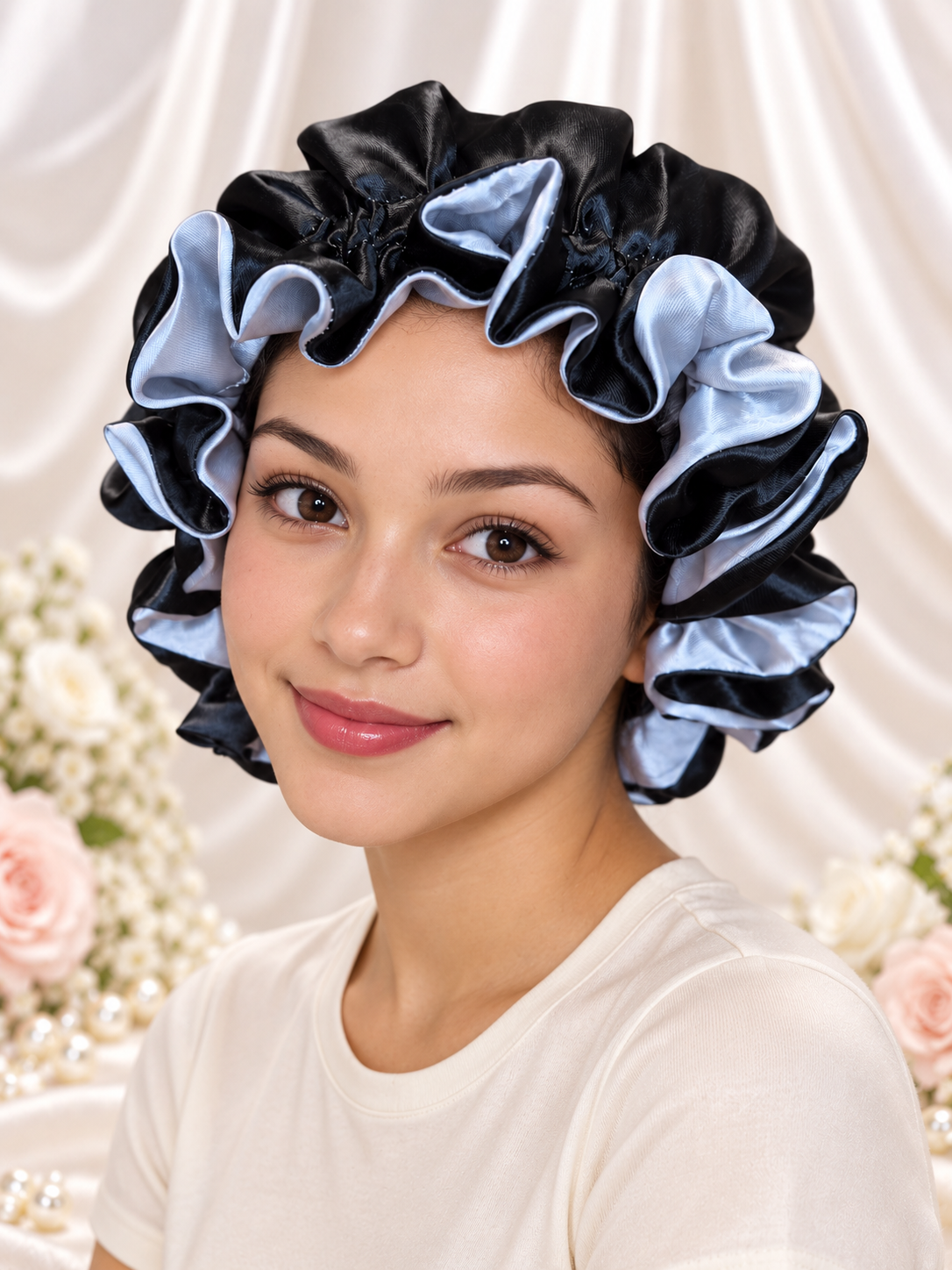 Silver Gray & Black Reversible Satin Bonnet