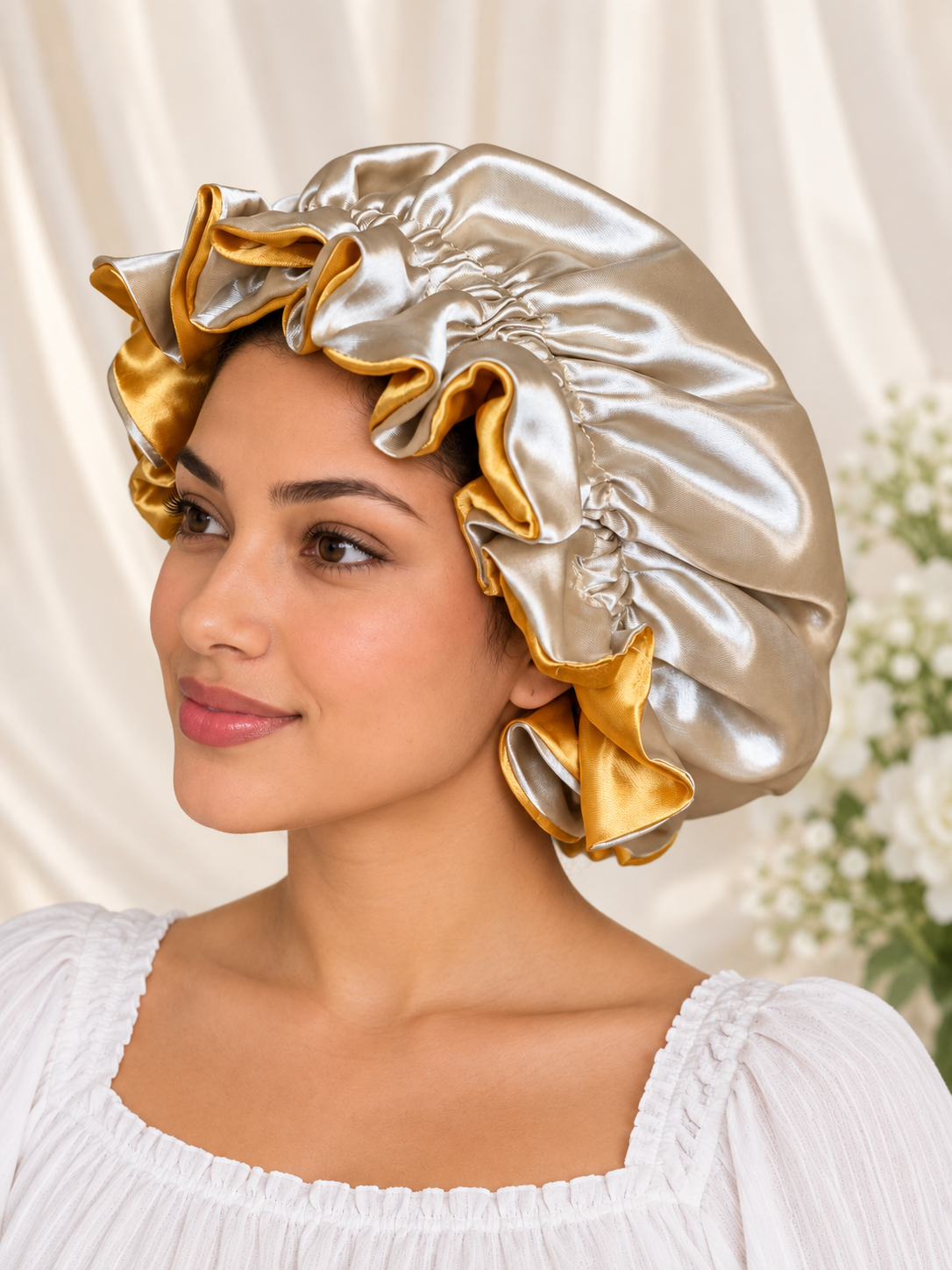 Gold & Silver Reversible Satin Bonnet – Handmade Double Layer