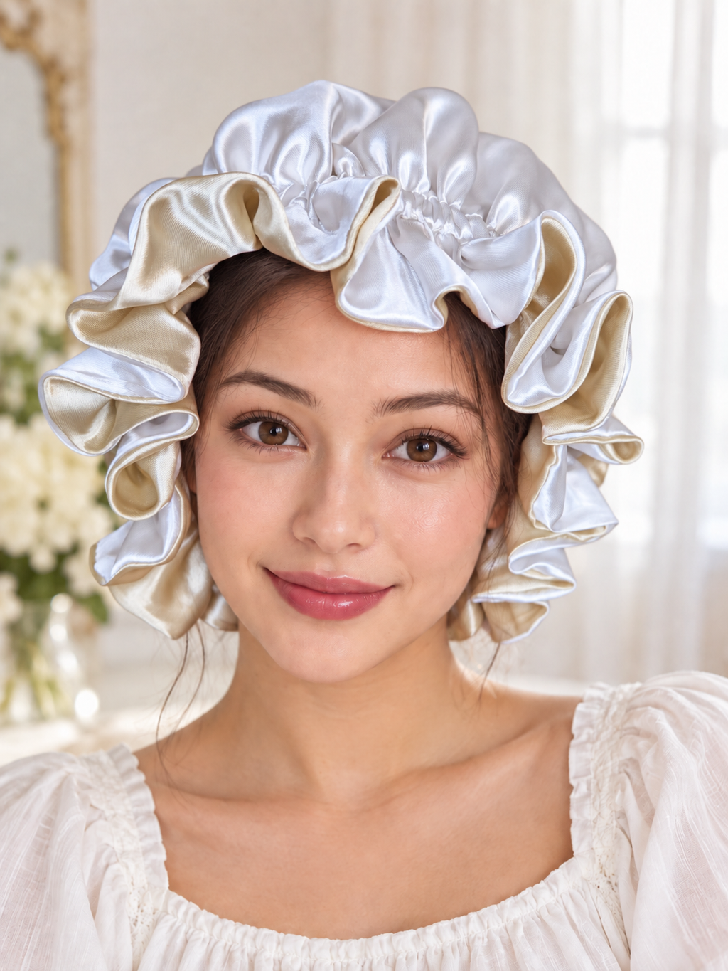 Champagne & White Reversible Satin Bonnet
