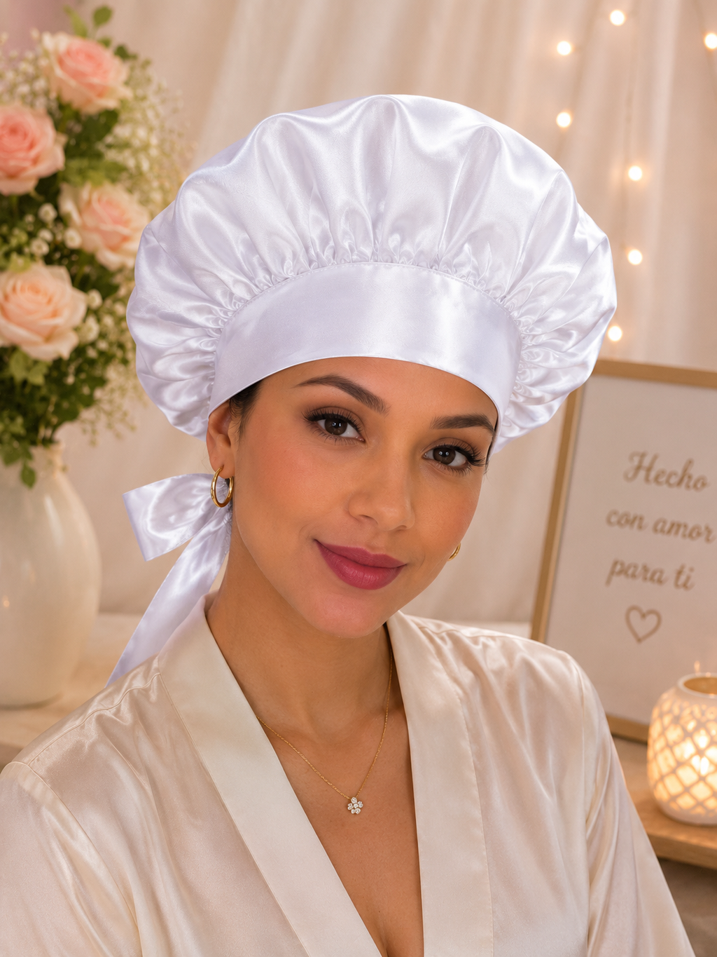 White Satin Bonnet with Elegant Bow