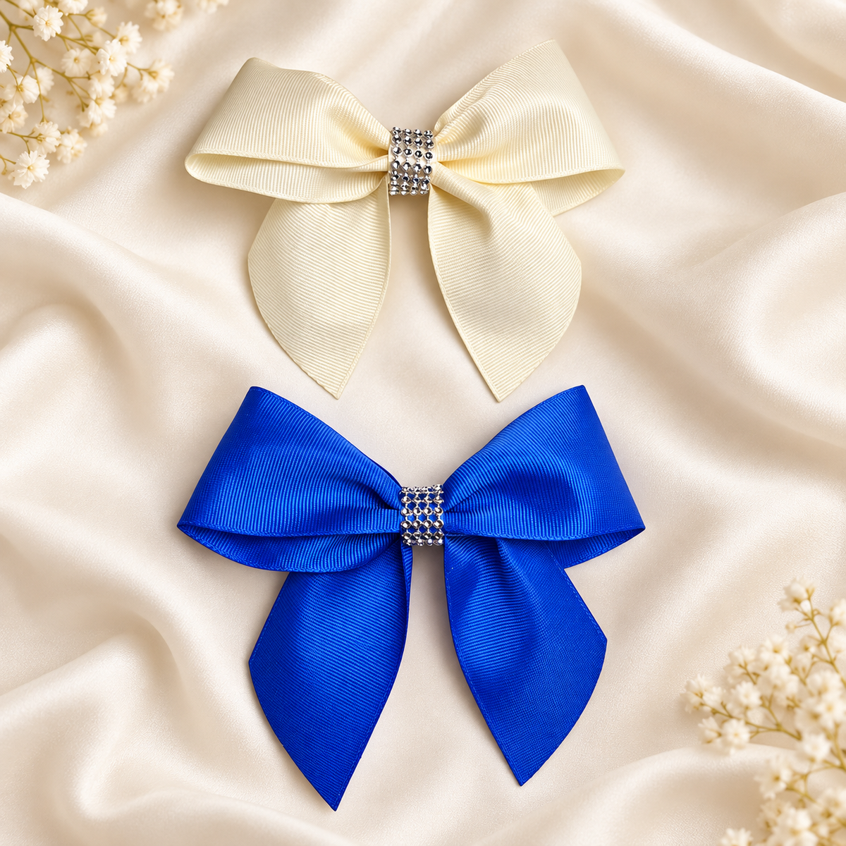 Set of 2 Handmade Grosgrain Hair Bows – Ivory & Royal Blue