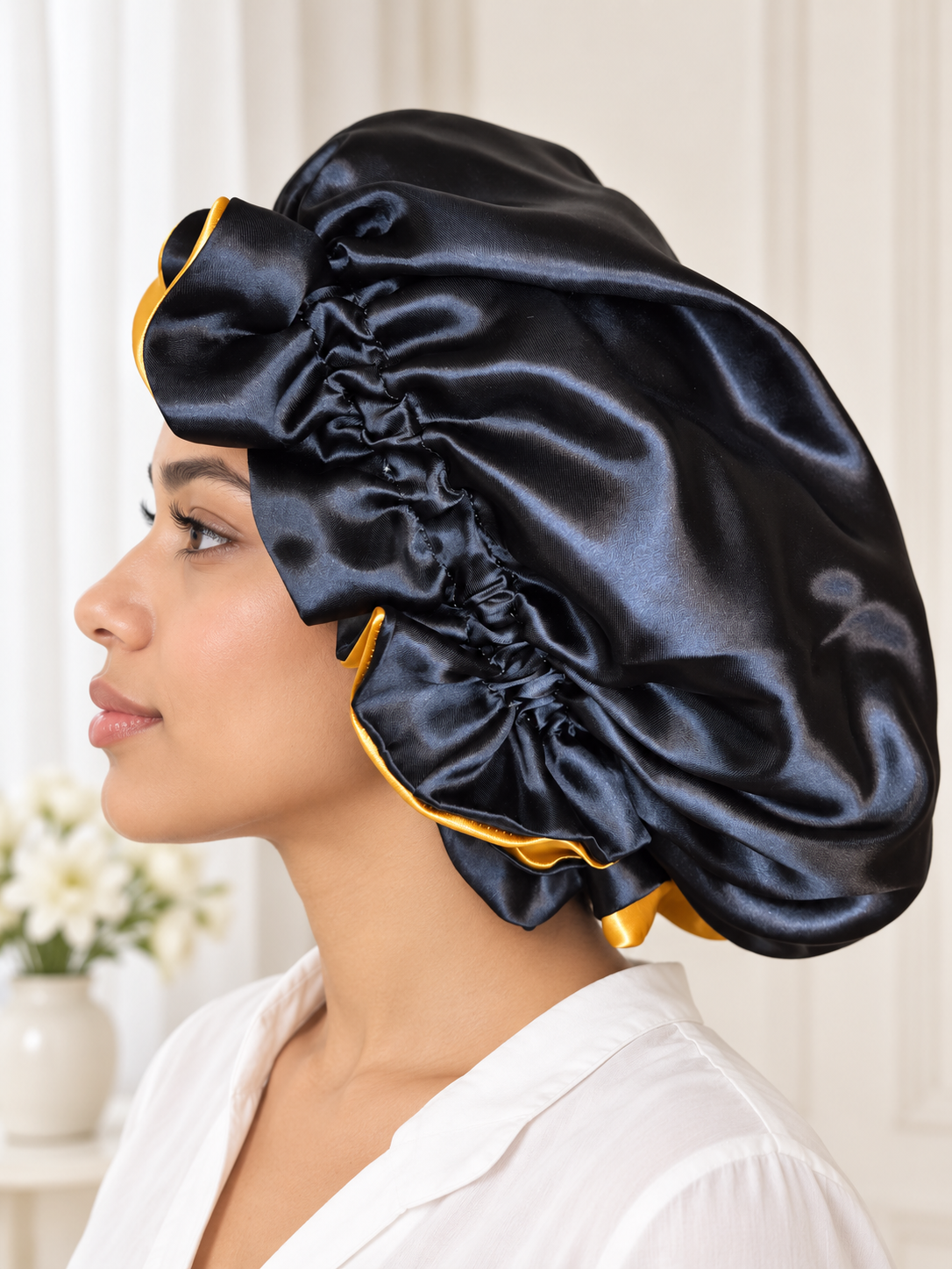 Black & Gold Reversible Satin Bonnet – Handmade with Ruffled Edge