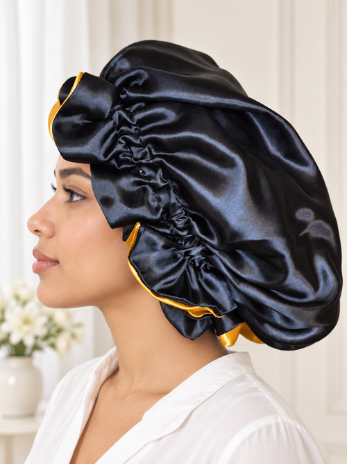 Black & Gold Reversible Satin Bonnet – Handmade with Ruffled Edge