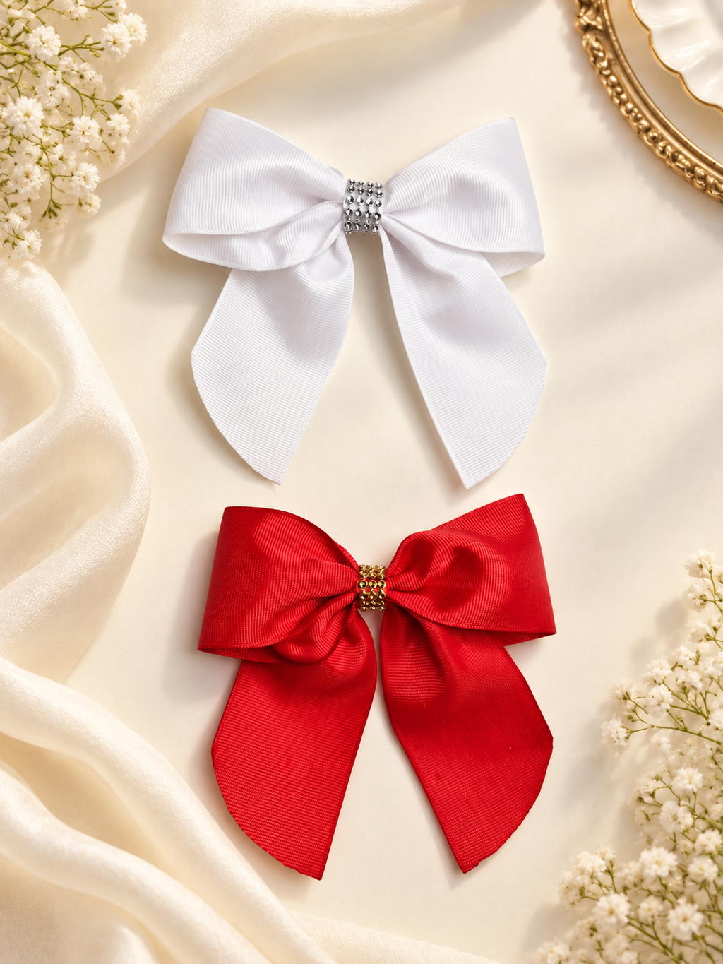 Handmade Red & White Bow Set with Rhinestone Centers