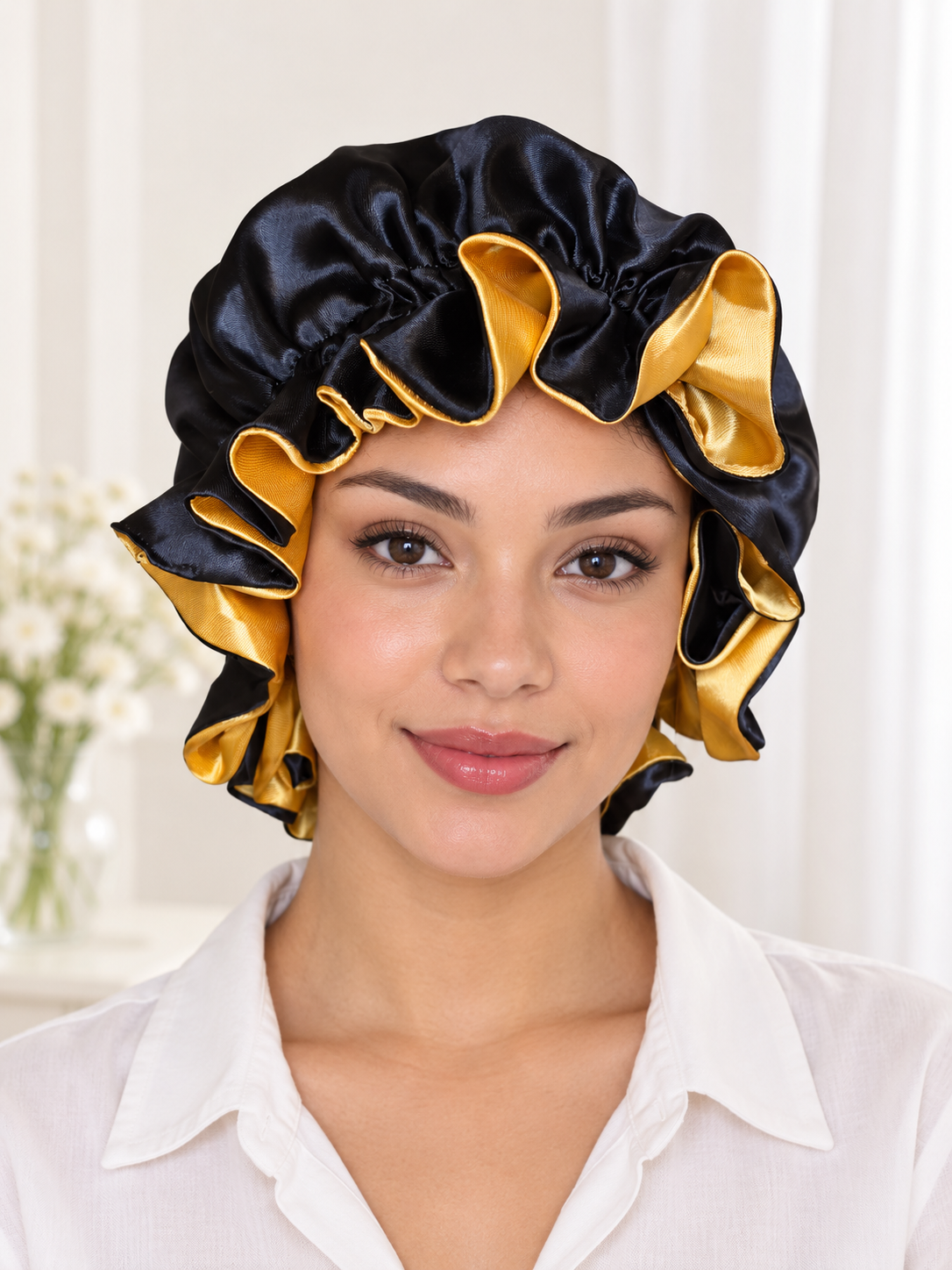 Black & Gold Reversible Satin Bonnet – Handmade with Ruffled Edge