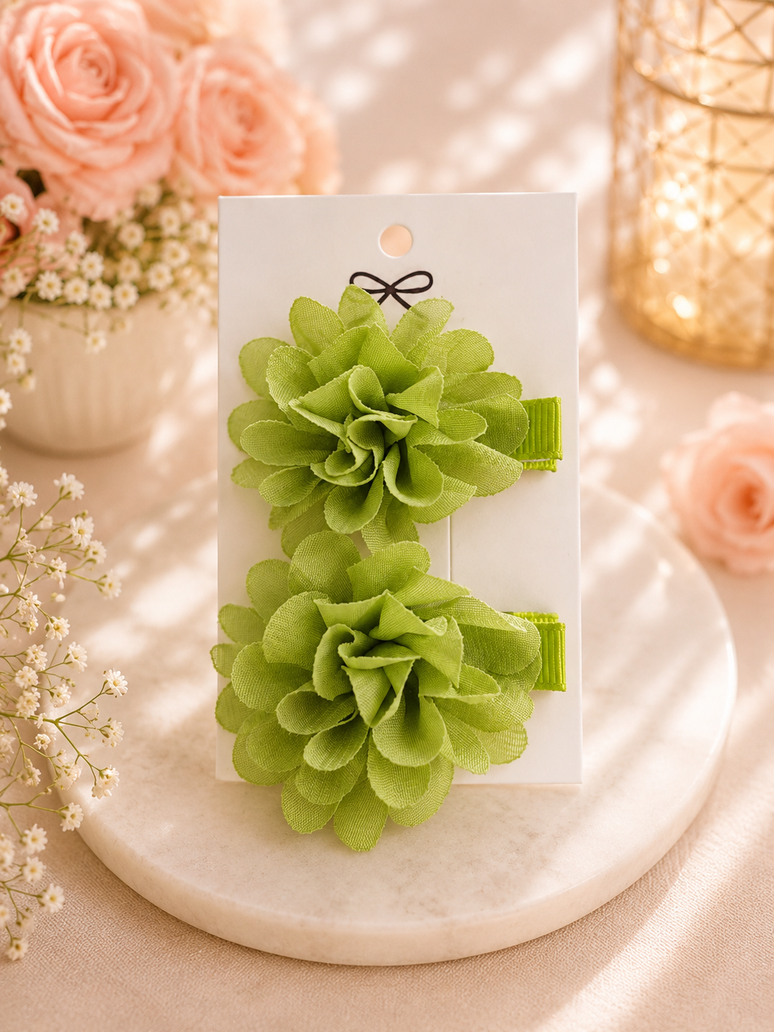 Olive Green Chiffon Flower Hair Clips – Set of 2