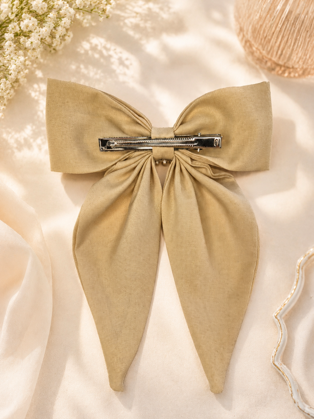 Elegant Beige Pearl & Rhinestone Hair Bow