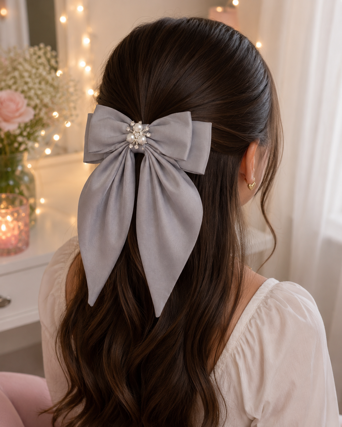 Silver Gray Pearl & Crystal Statement Hair Bow