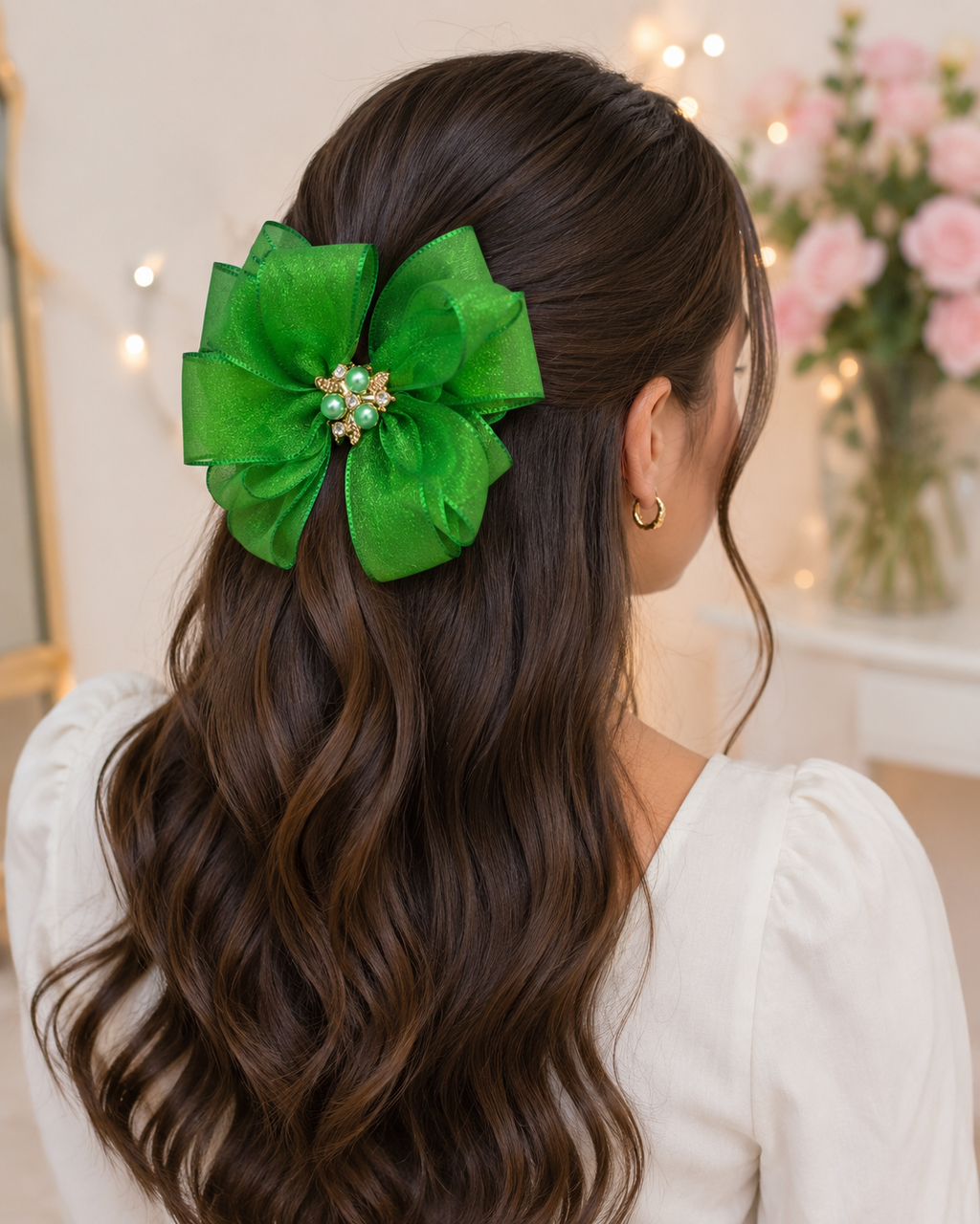 Emerald Pearl Organza Boutique Hair Bow