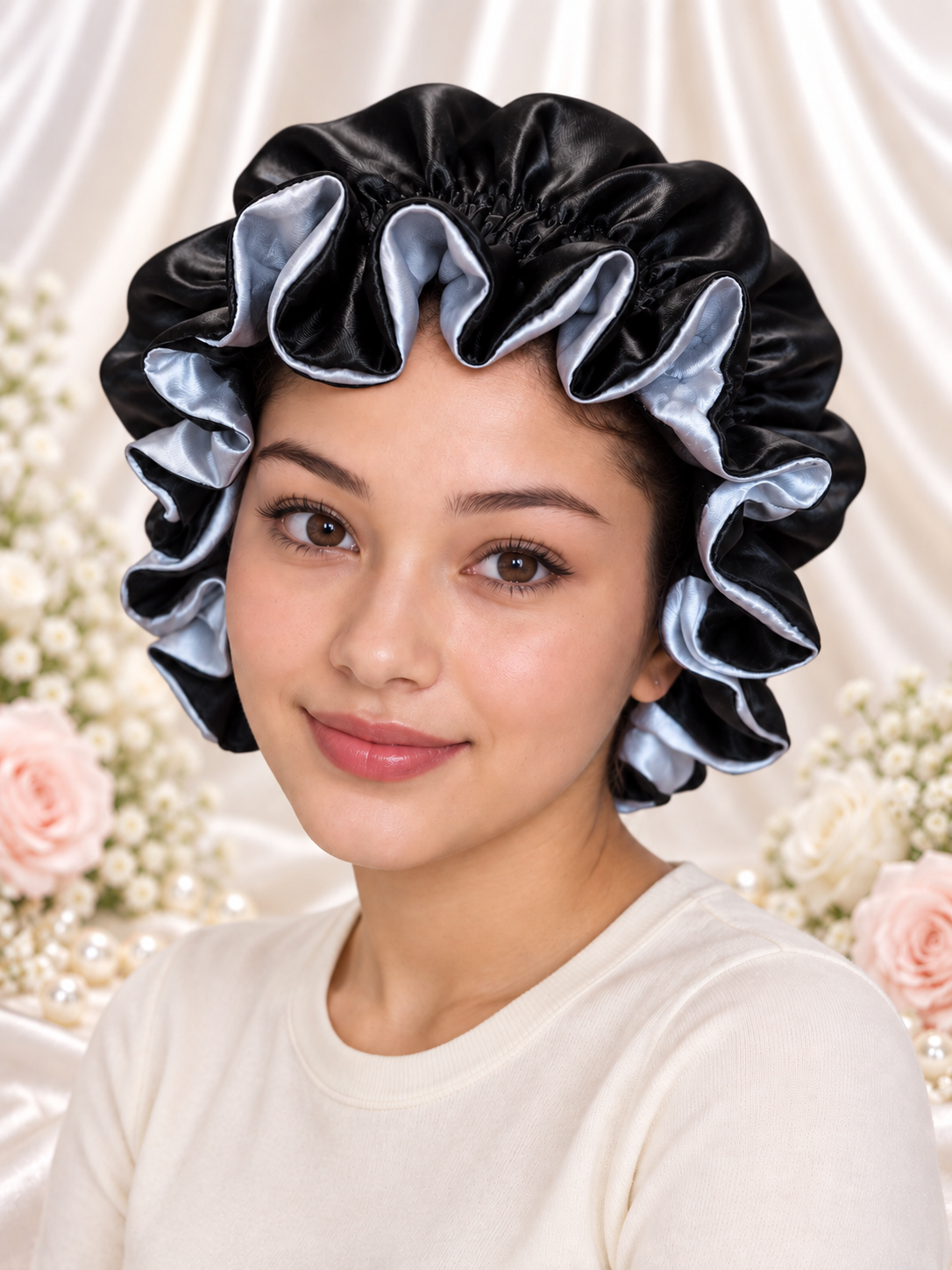 Silver Gray & Black Reversible Satin Bonnet
