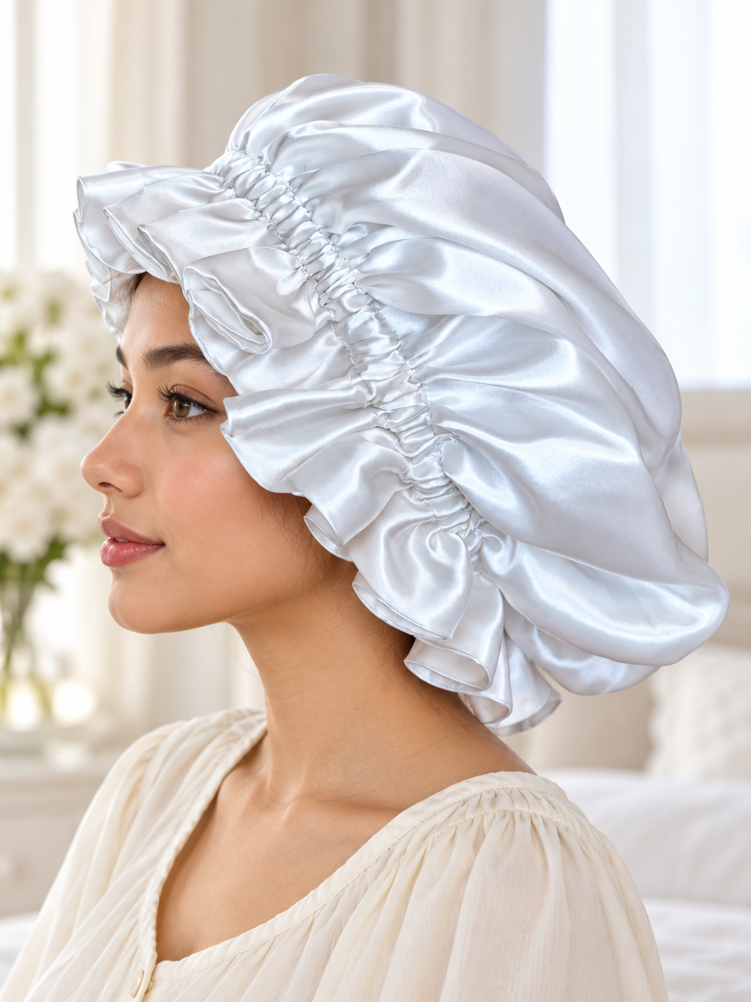 Silver Pearl Ruffle Satin Bonnet – Handmade