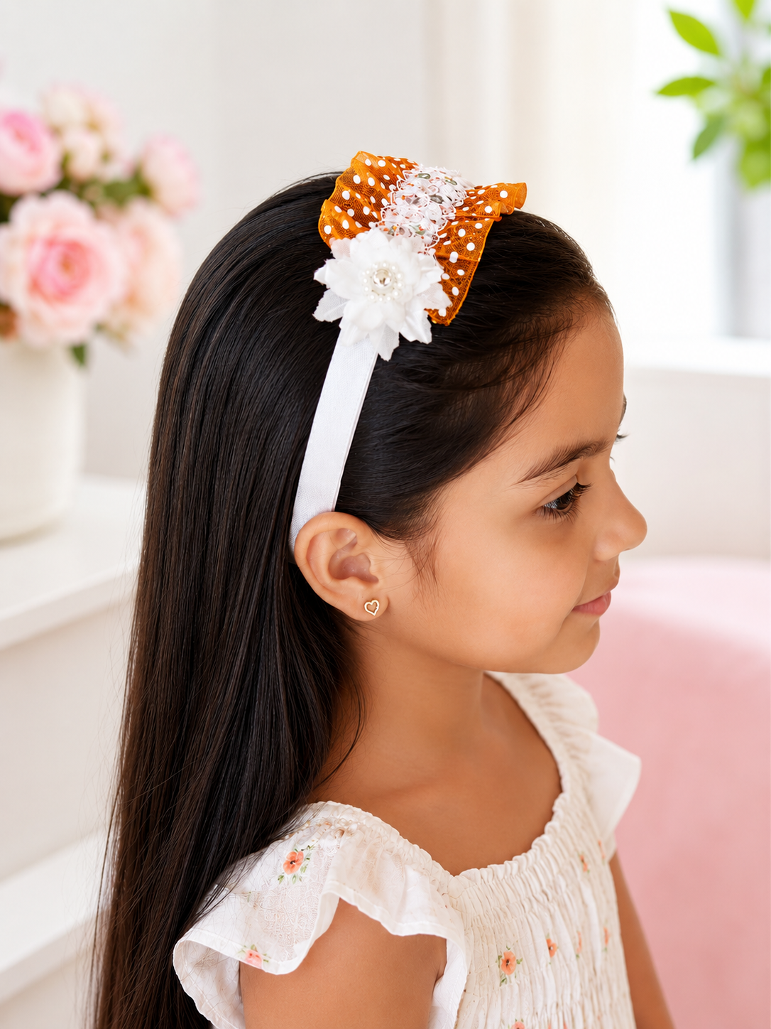 Orange Polka Dot Ruffle Headband with White Flower