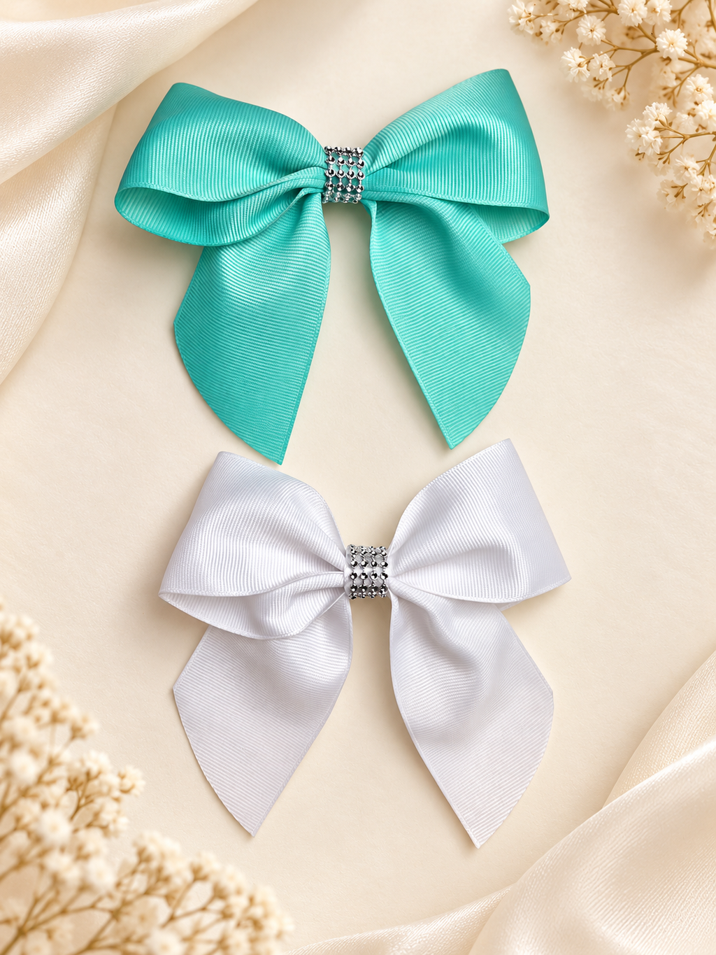 Ensemble de 2 nœuds pour cheveux faits main, vert menthe et blanc avec strass