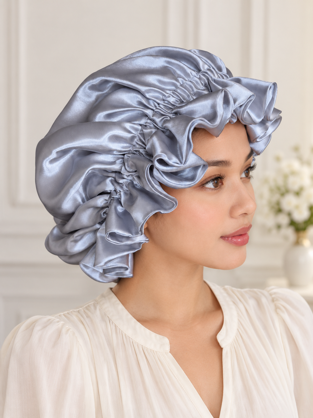 Silver Ruffle Satin Bonnet