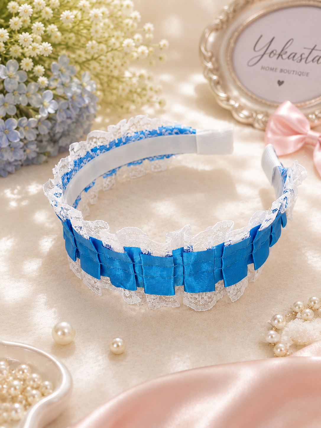 Blue Satin & White Lace Woven Headband