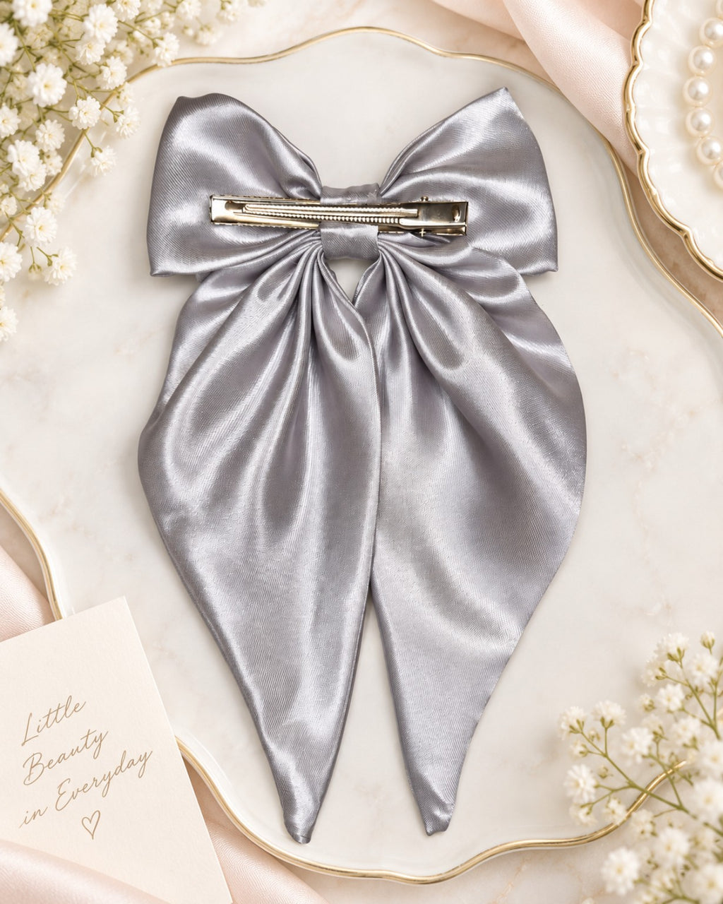 Silver Satin Statement Hair Bow