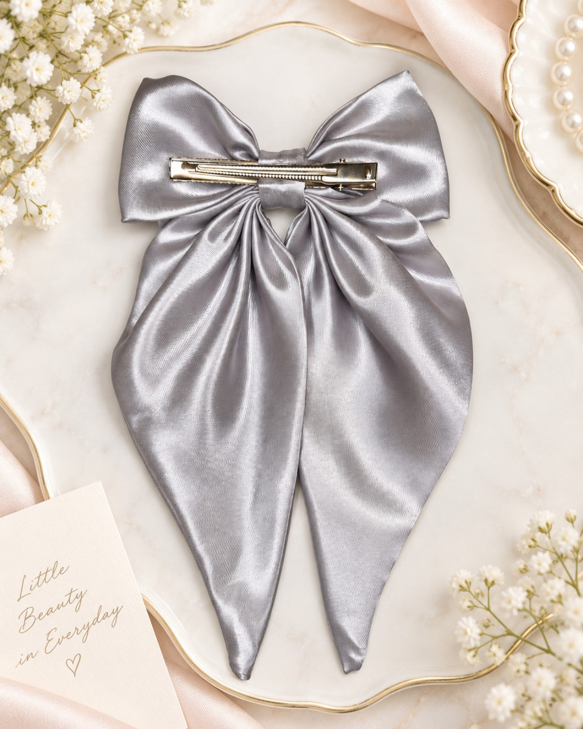Silver Satin Statement Hair Bow