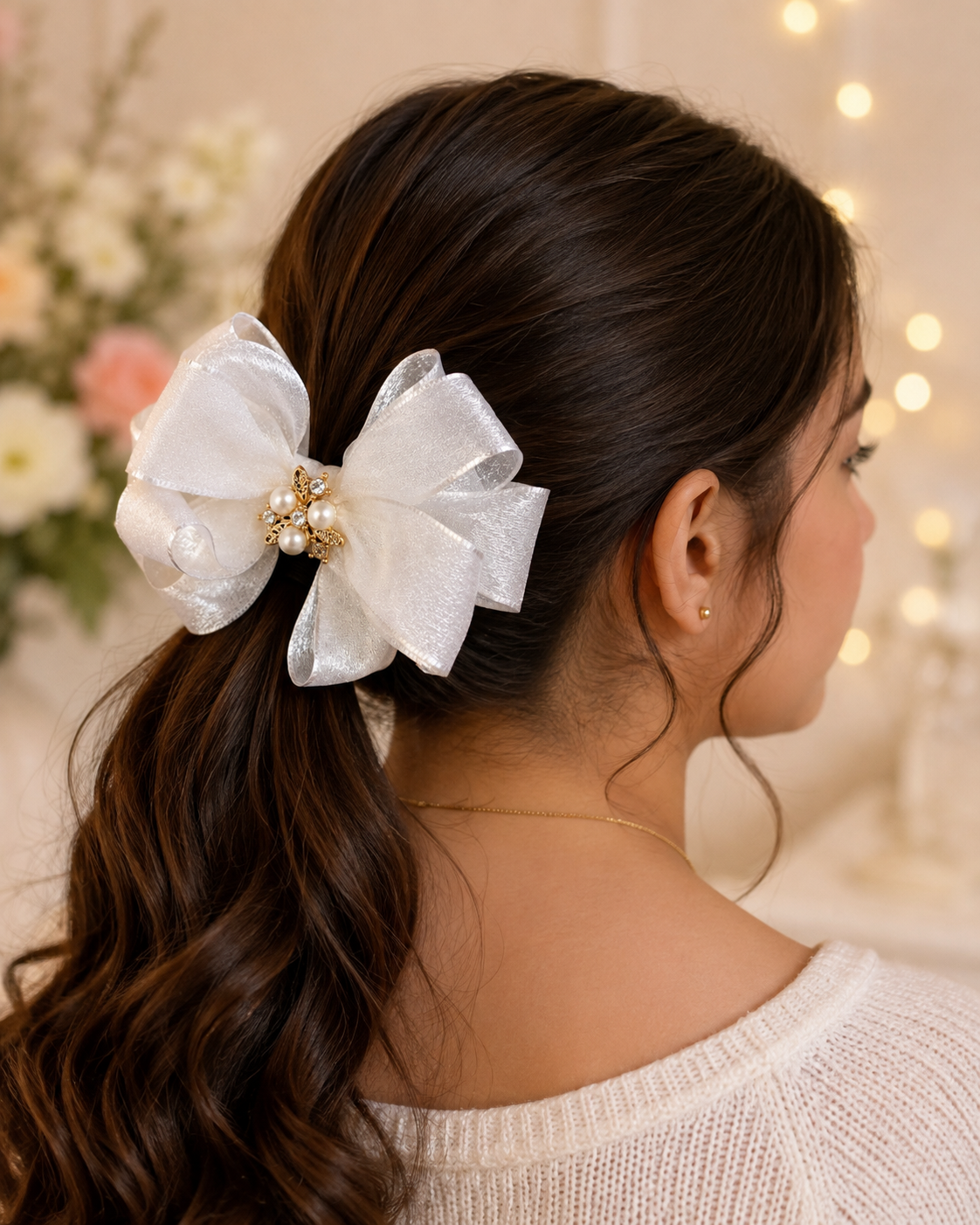 Pearl Blossom White Organza Hair Bow