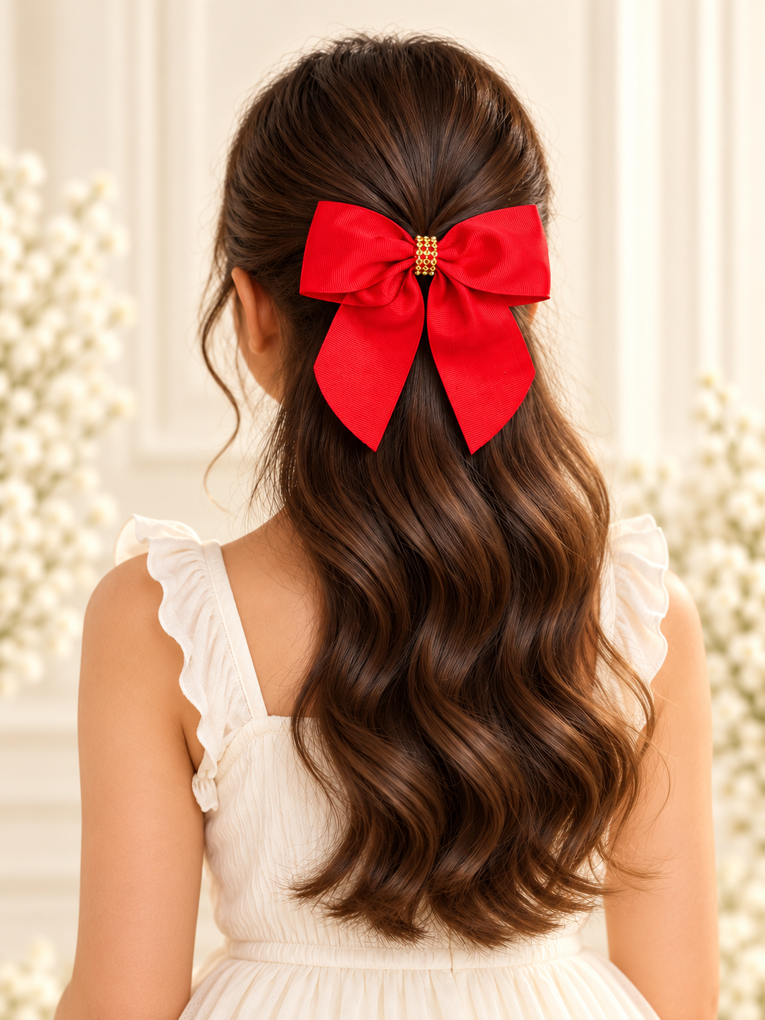 Handmade Red & White Bow Set with Rhinestone Centers