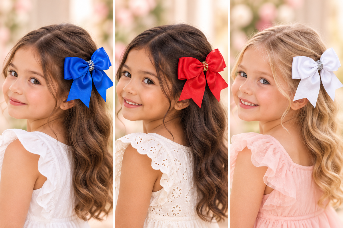 Royal Blue, Red & White Rhinestone Bow Set – 3 Pack