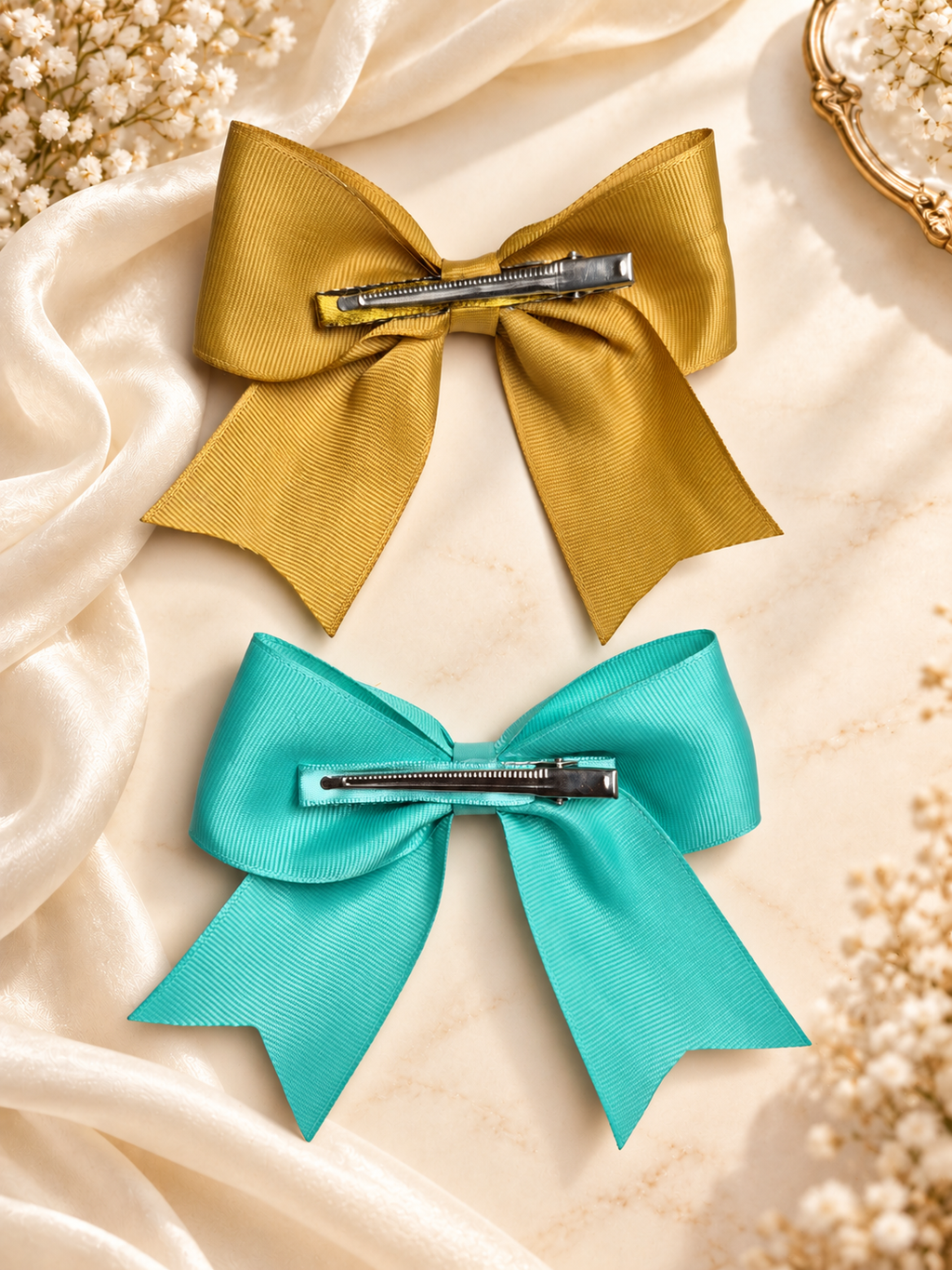 Handmade Grosgrain Hair Bow Set – Mustard Gold & Aqua (Set of 2)