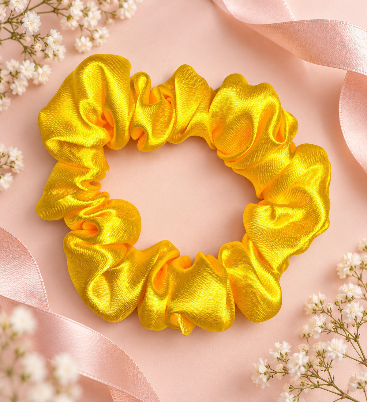 Golden Yellow Satin Scrunchie – Handmade Hair Accessory