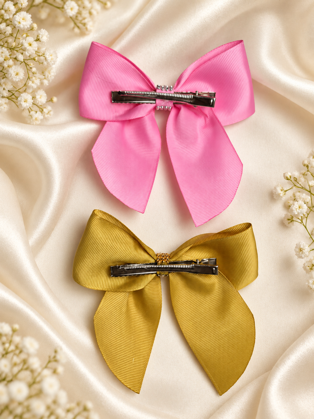 Set de lazos rosa y dorado mostaza – 2 lazos para el pelo hechos a mano en grosgrain