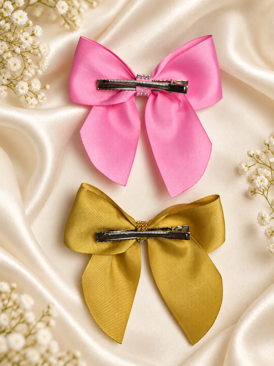 Pink & Mustard Gold Bow Set – 2 Handmade Grosgrain Hair Bows