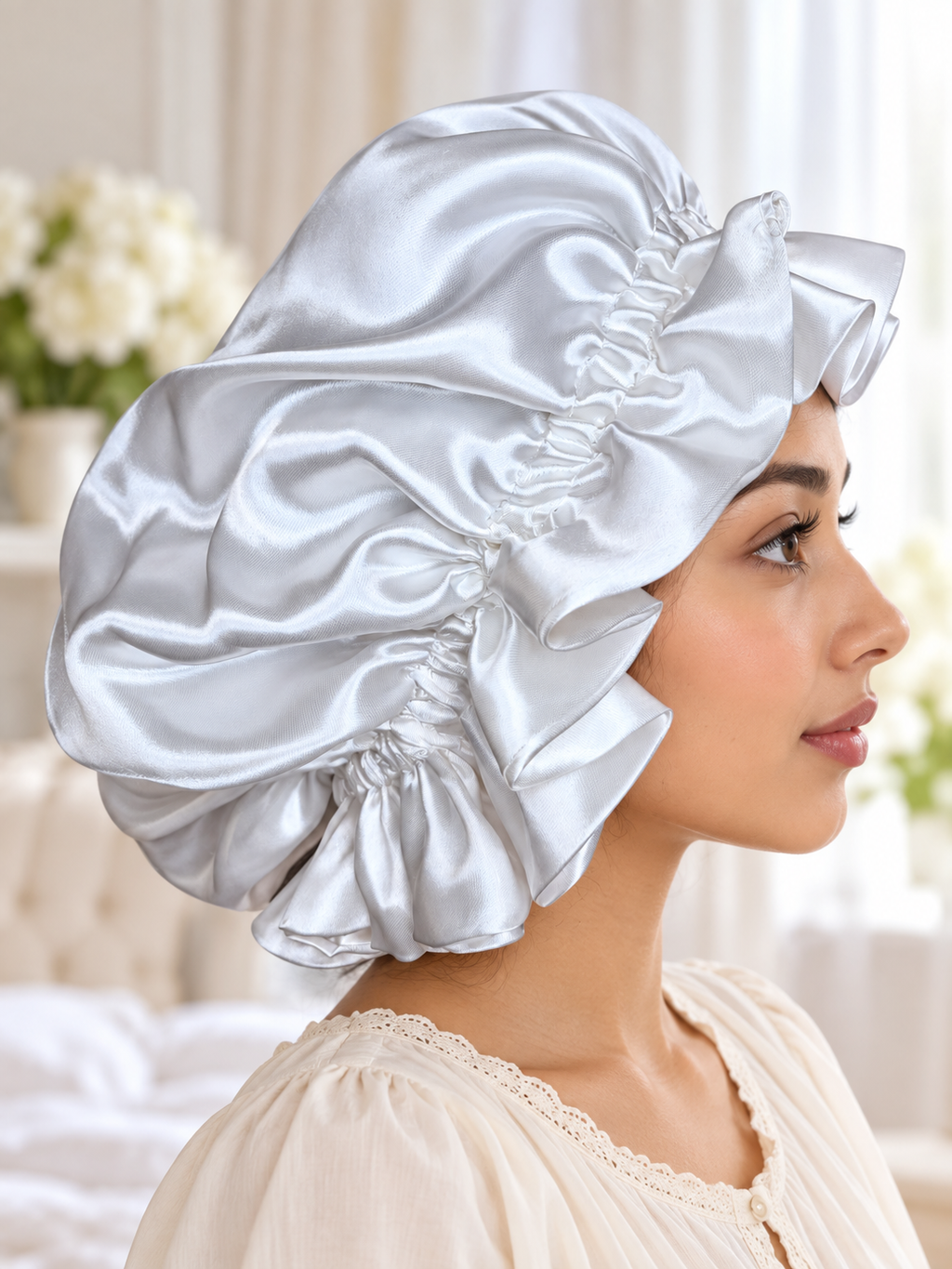 Silver Pearl Ruffle Satin Bonnet – Handmade