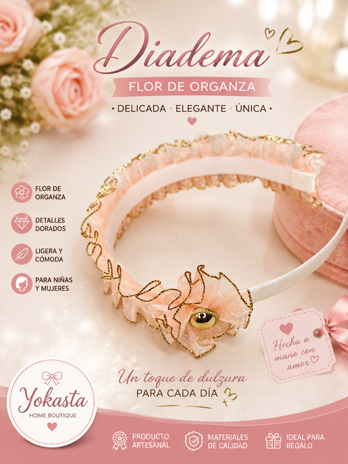 Diadema de flores con volantes en color rubor y dorado