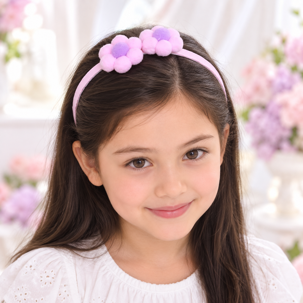 Pink & Lilac Pom-Pom Flower Headband for Girls