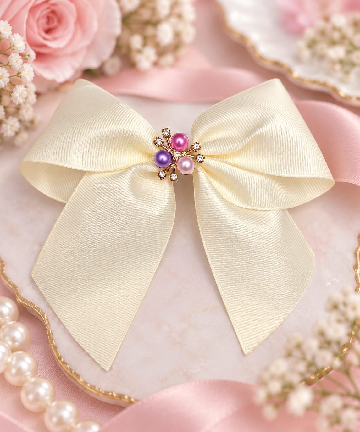 Ivory Pearl & Crystal Hair Bow