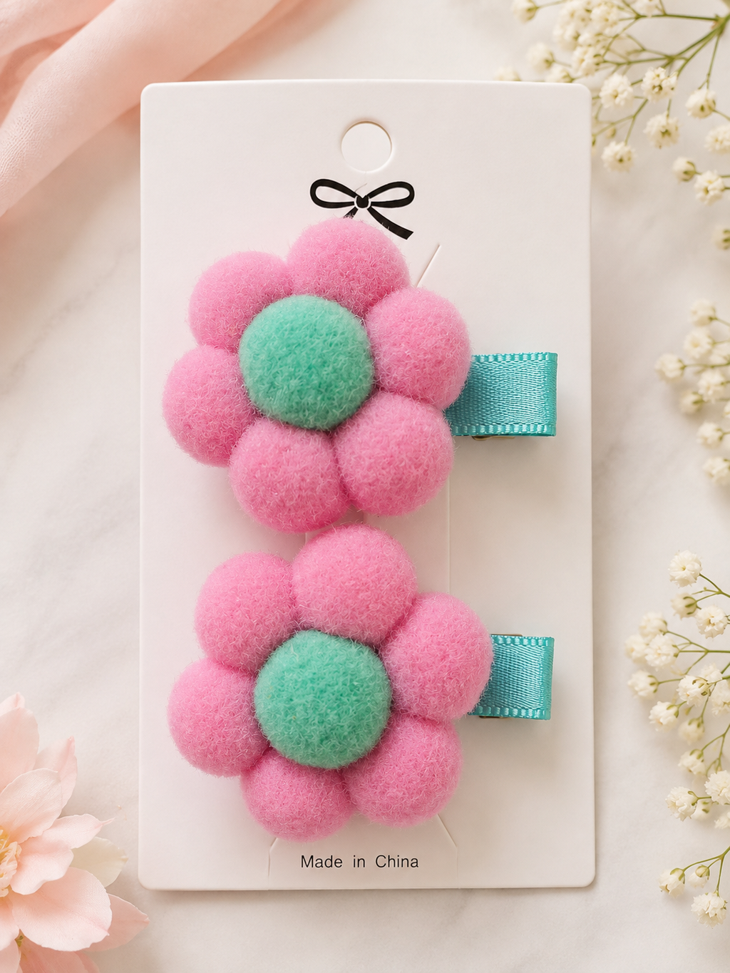 Pink & Mint Pom-Pom Flower Hair Clips – Set of 2