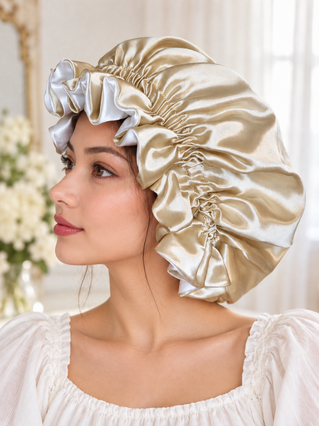 Champagne & White Reversible Satin Bonnet