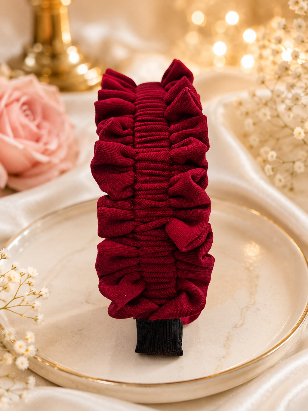 Burgundy Ruffle Headband – Handmade