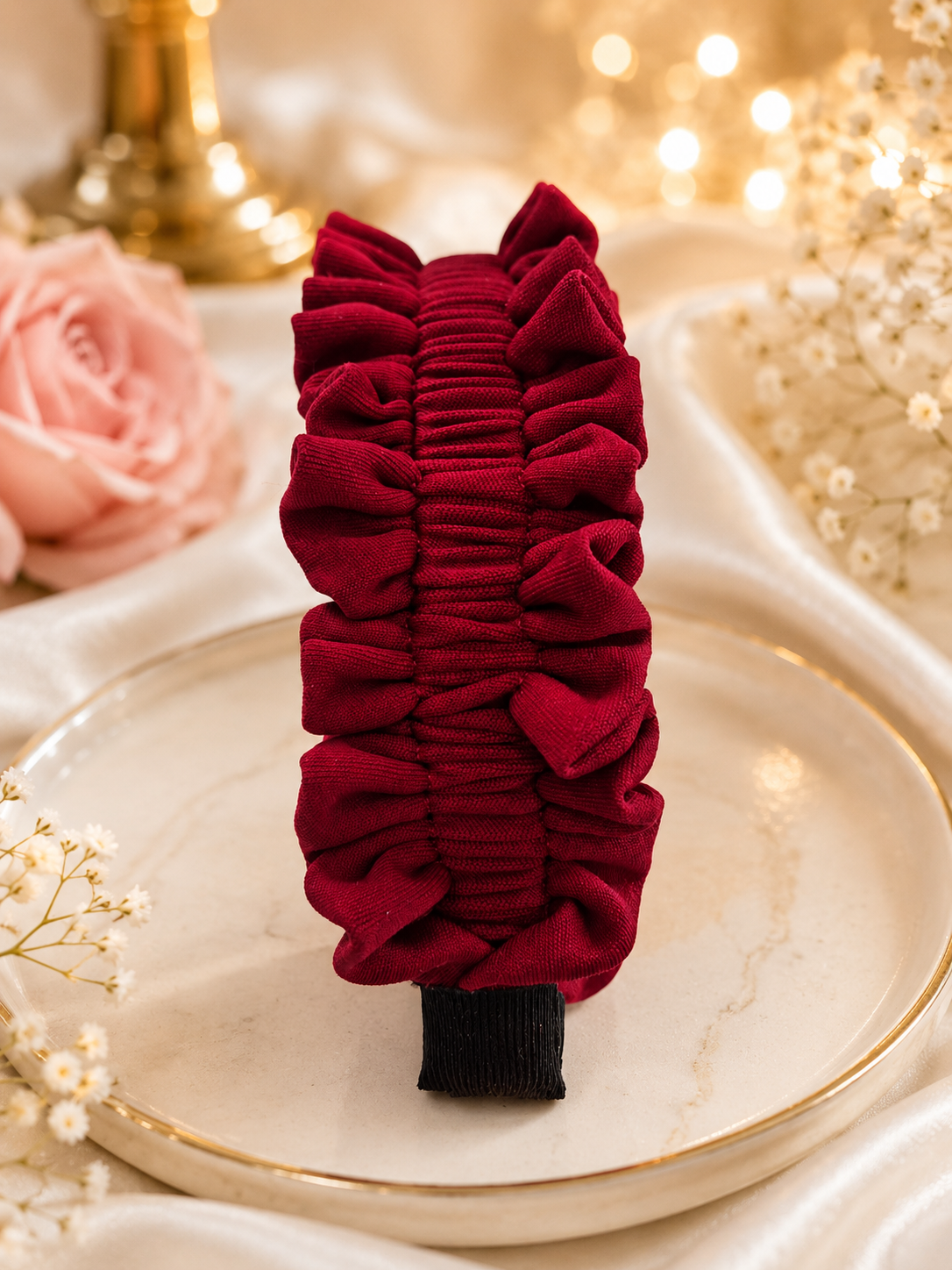 Burgundy Ruffle Headband – Handmade