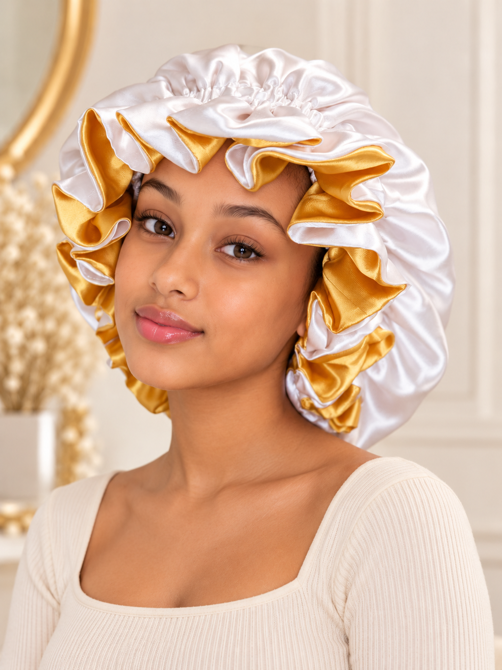 Reversible Satin Bonnet – Gold & White