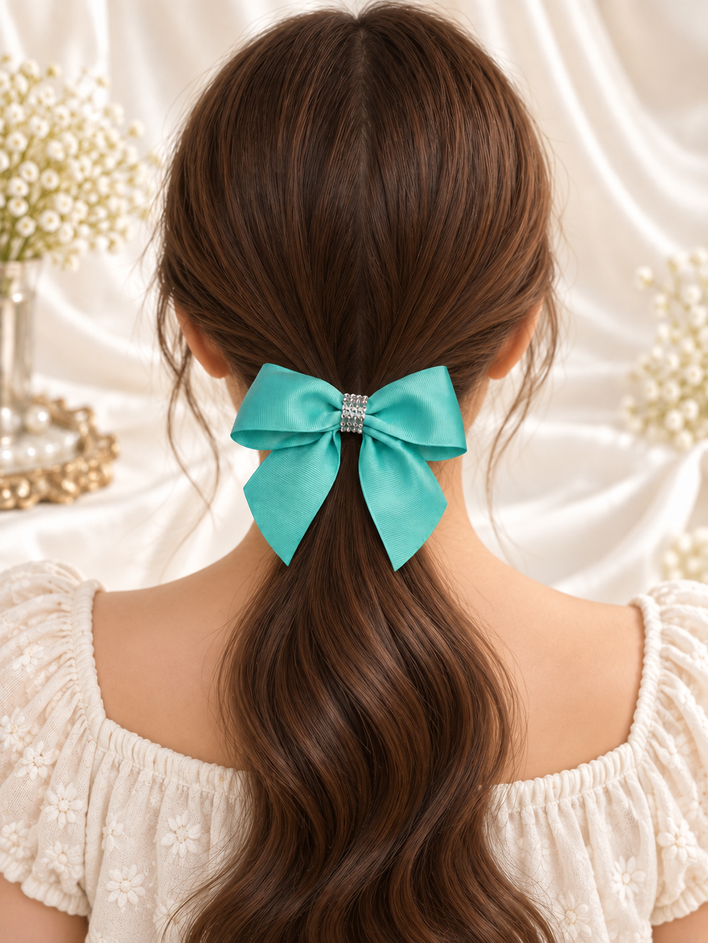 Juego de 2 lazos para el cabello hechos a mano con pedrería verde y marfil