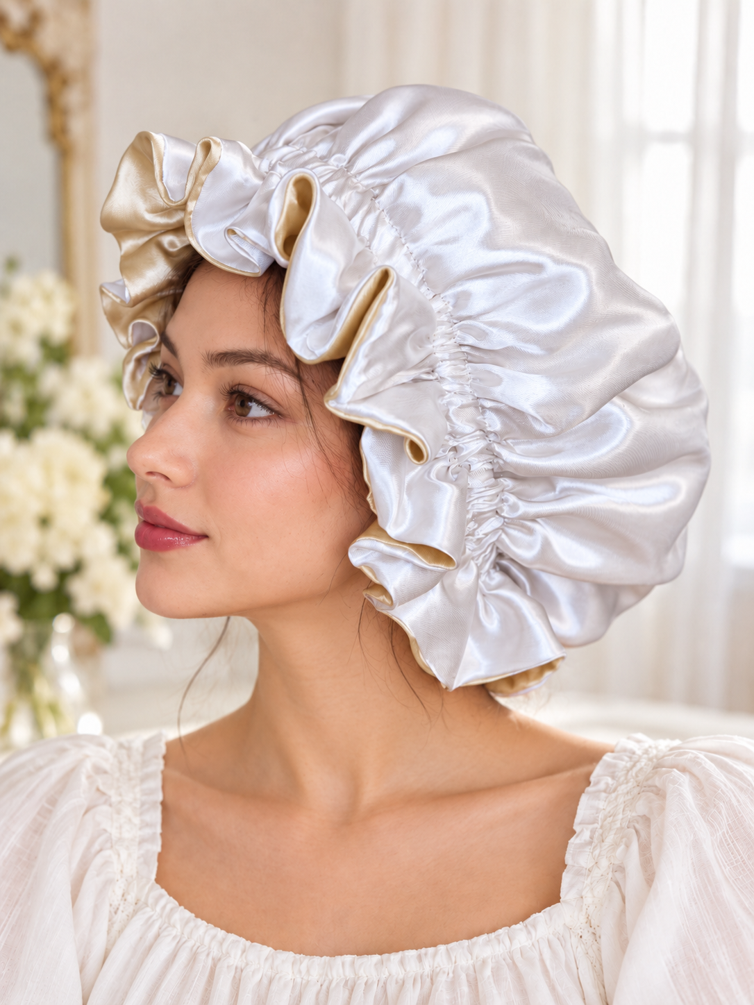 Champagne & White Reversible Satin Bonnet