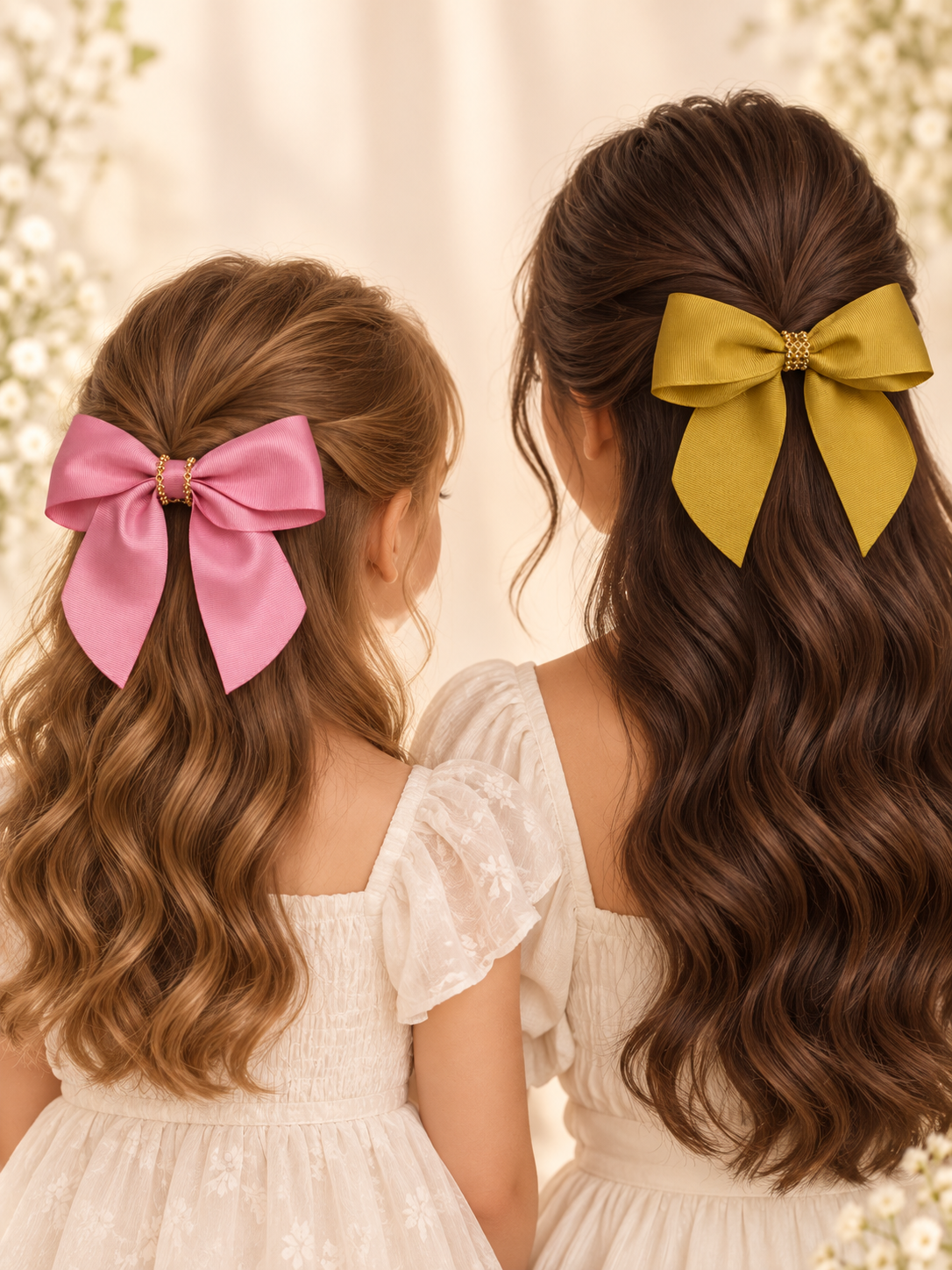 Juego de 2 lazos para el pelo con cintas largas – Rosa y mostaza