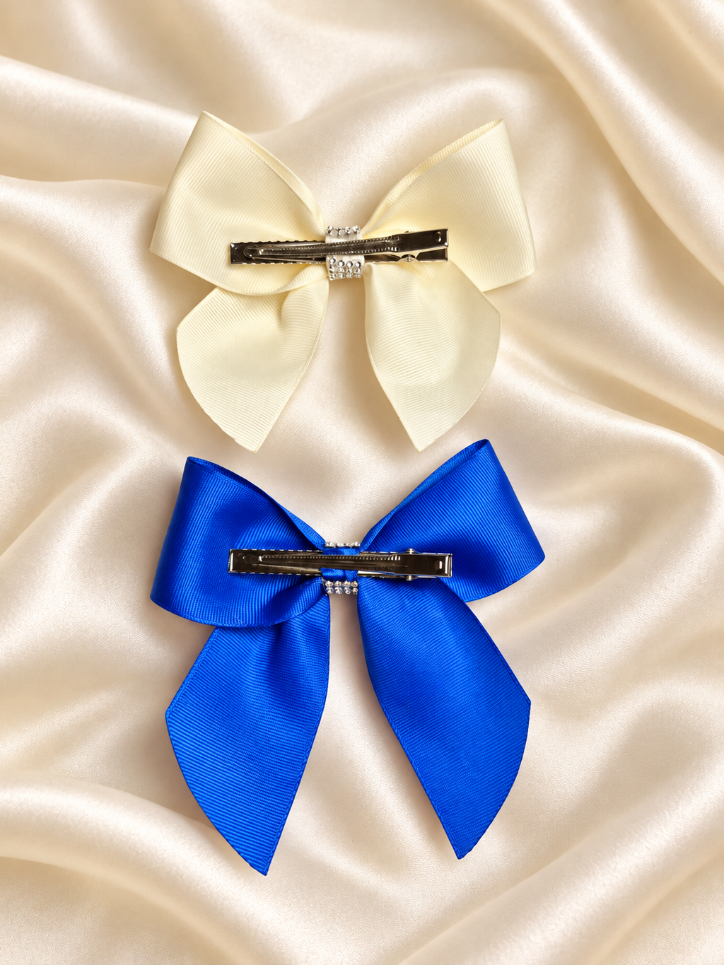 Set of 2 Handmade Grosgrain Hair Bows – Ivory & Royal Blue