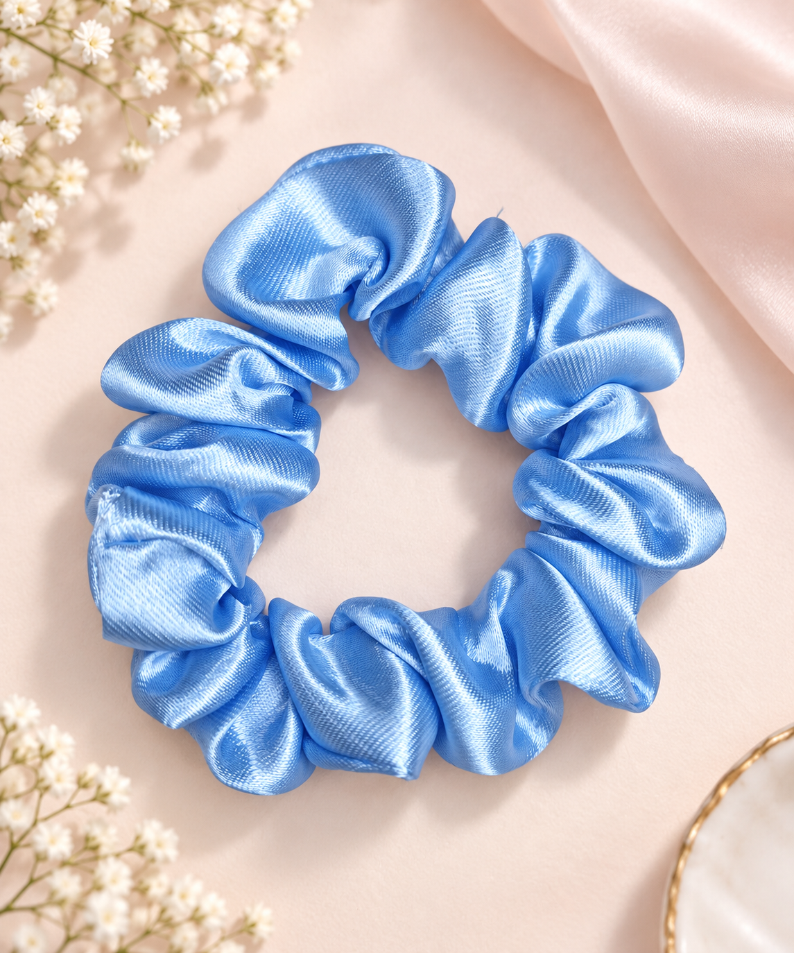 Sky Blue Satin Scrunchie – Handmade Hair Accessory
