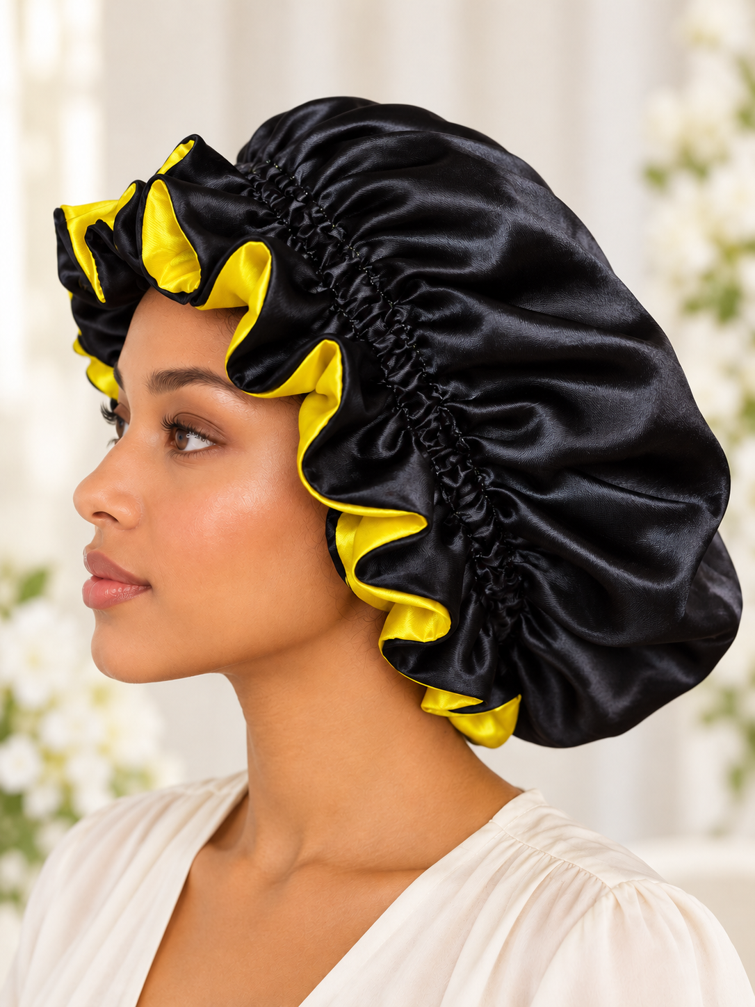 Yellow & Black Satin Ruffle Bonnet