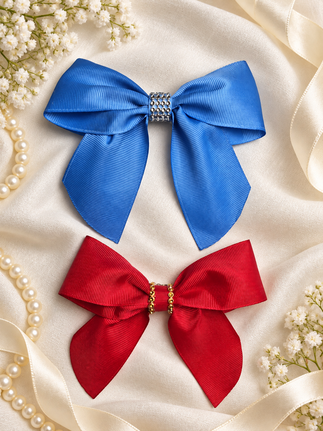 Blue and Red Grosgrain Bow Set – 2 Handmade Hair Clips