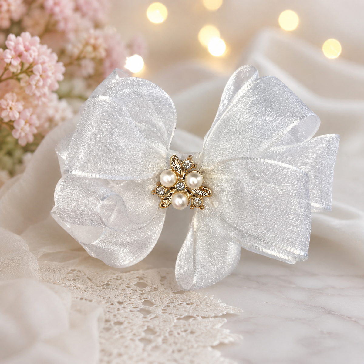 Pearl Blossom White Organza Hair Bow
