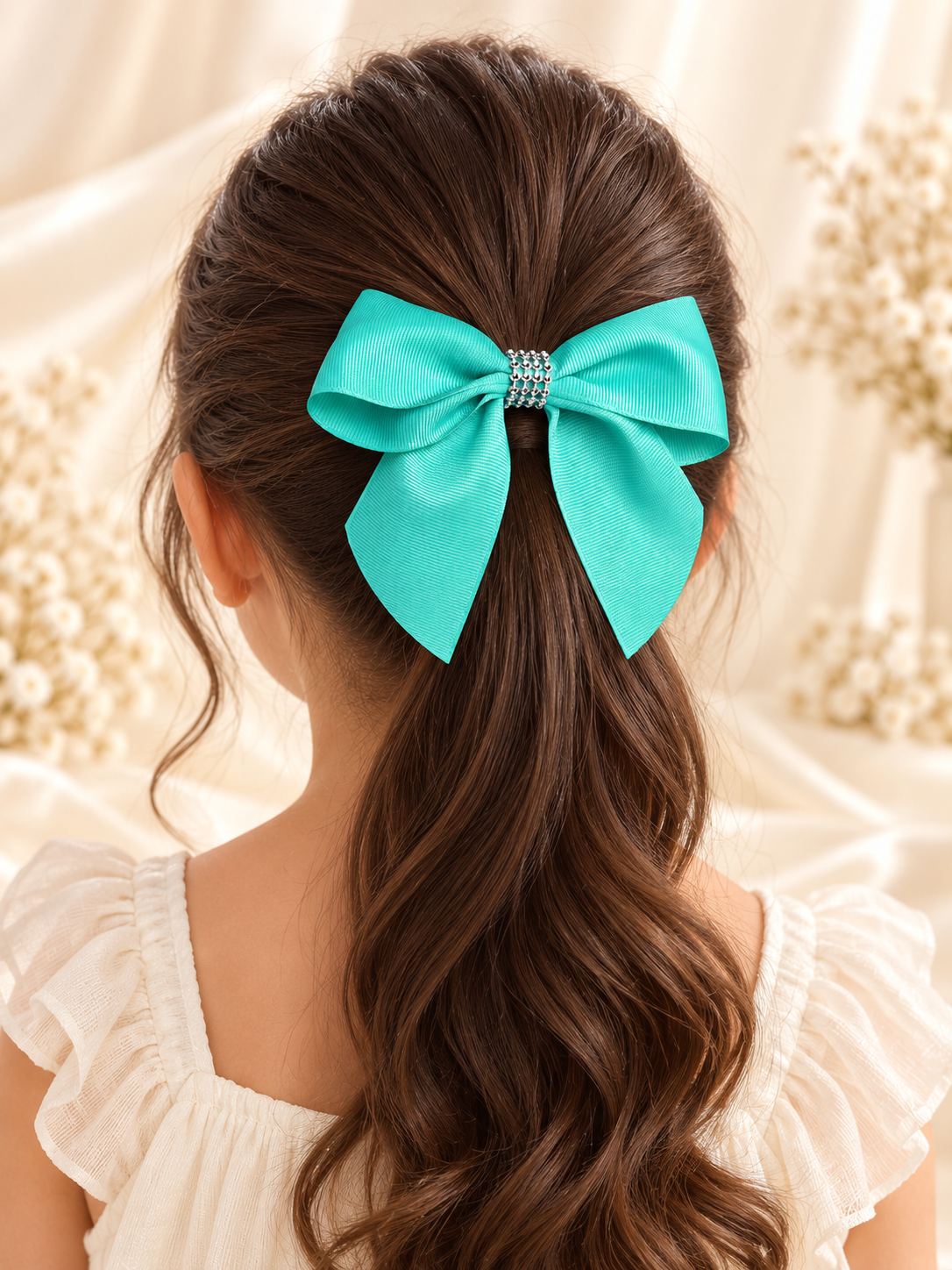 Mint Green & White Rhinestone Bow Set – 2 Handmade Hair Bows